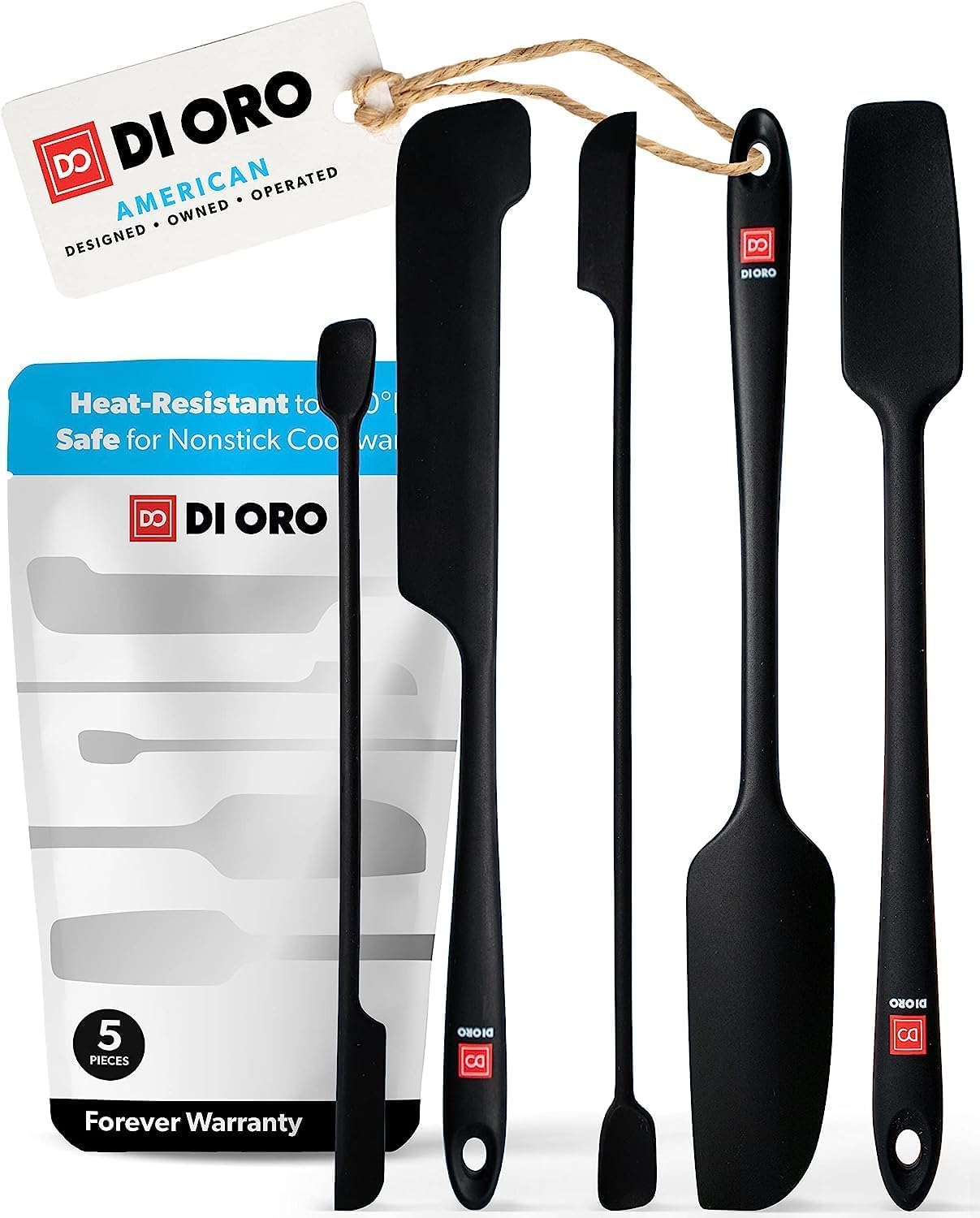 di oro spatula set front view showing five black silicone tools for less food waste