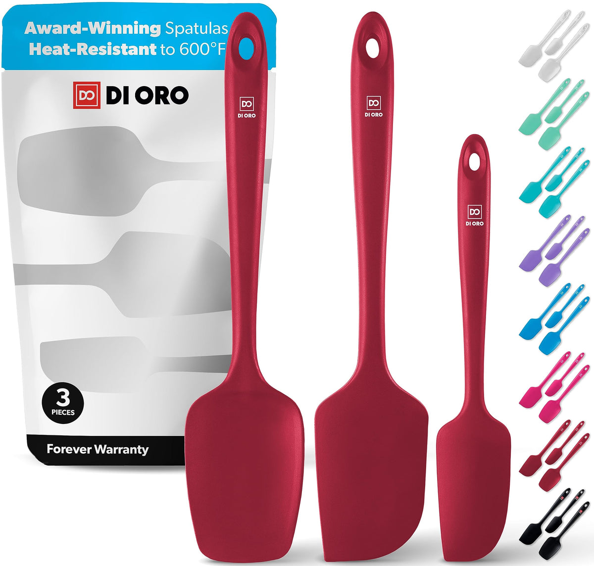 di oro silicone spatula set front view shows vibrant red utensils and durable design