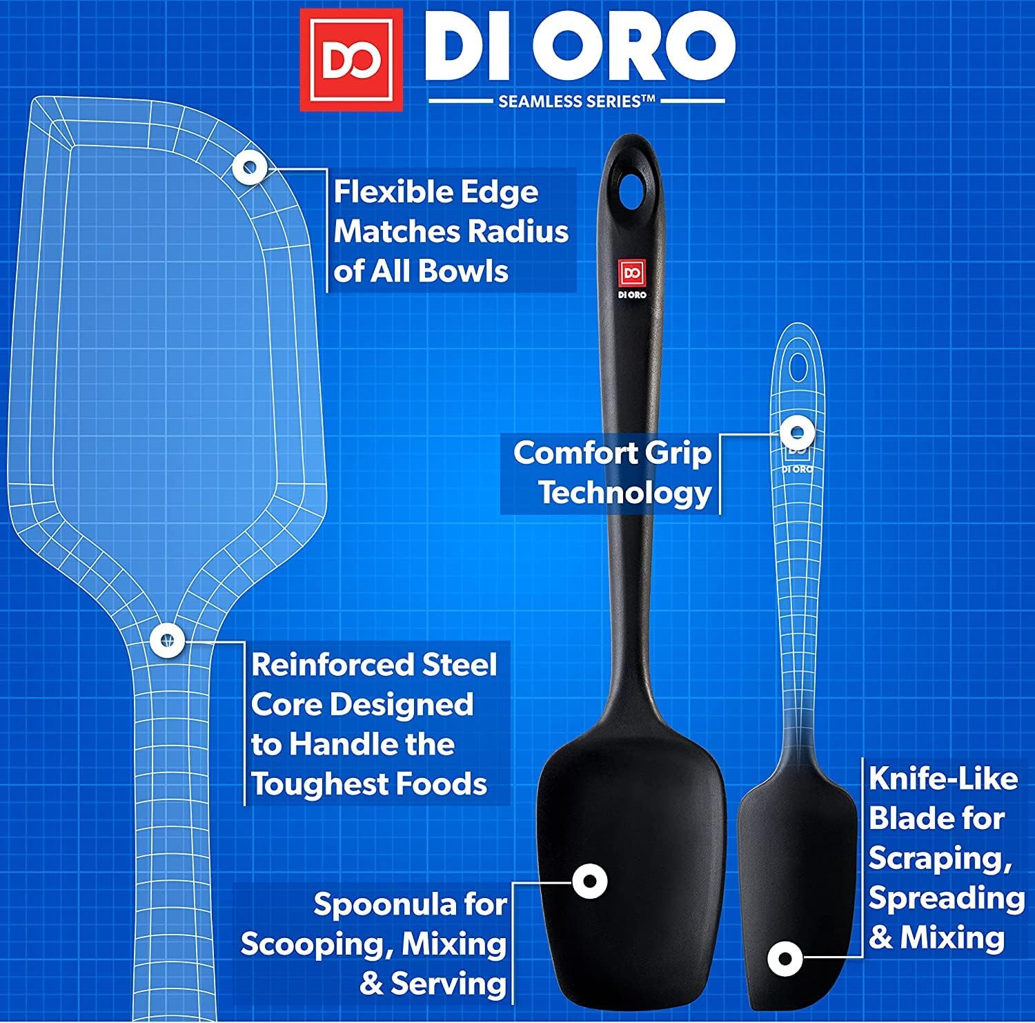 di oro spatulas scraping batter from mixing bowl for efficient ingredient use