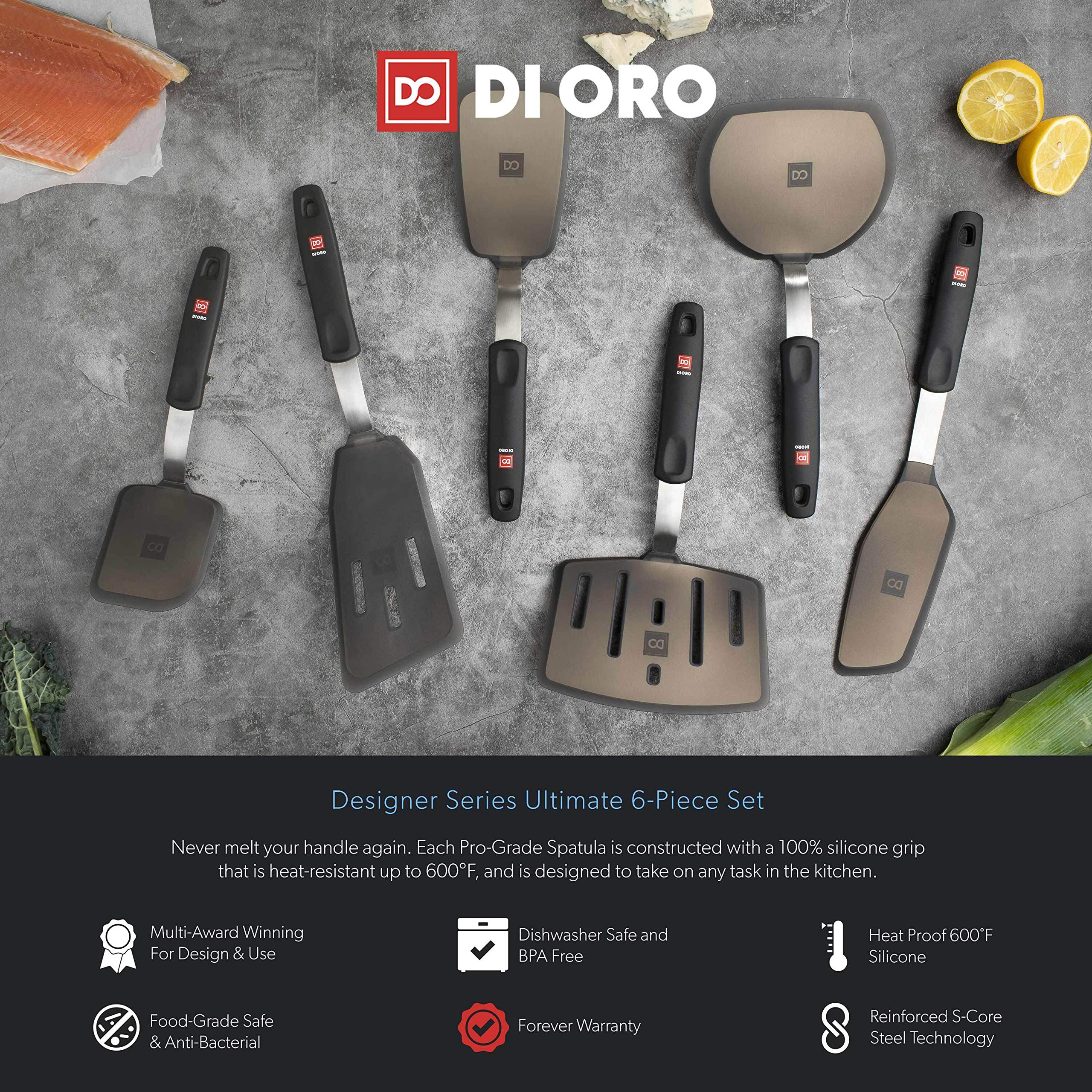 di oro living spatula flipping egg on skillet demonstrating non-scratch use