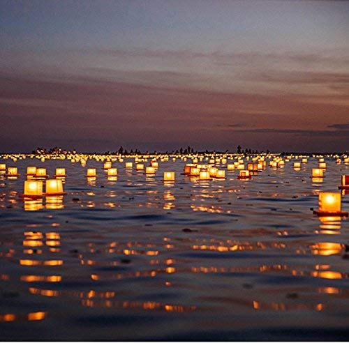 Diagtree lake-side wedding display of multiple floating lanterns creating romantic ambiance