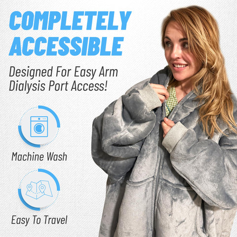 Dialysis Clothing shown in use on dialysis chair for treatment comfort