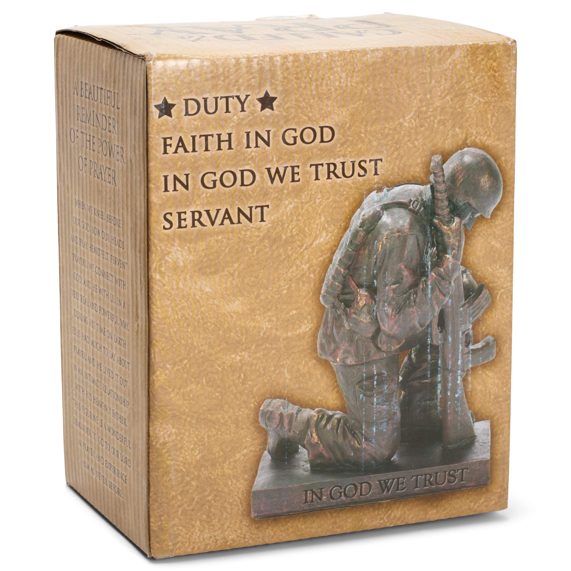Dicksons praying soldier closeup of engraved pedestal showing inspirational message benefit