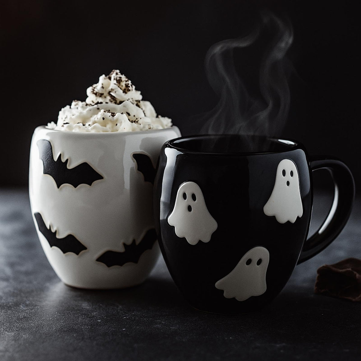 Didaey front view of ghost and bat mugs showing festive pairing and seasonal charm