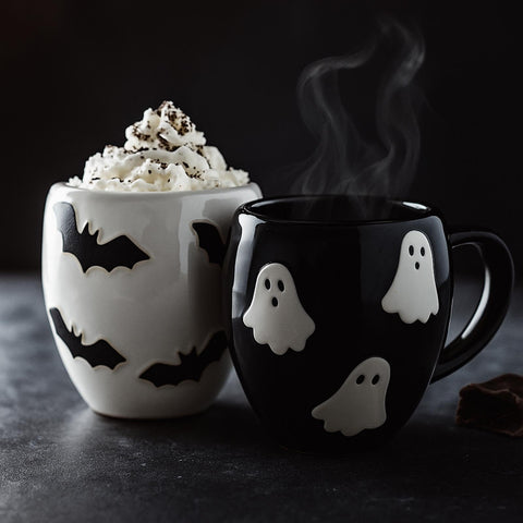 Didaey front view of ghost and bat mugs showing festive pairing and seasonal charm