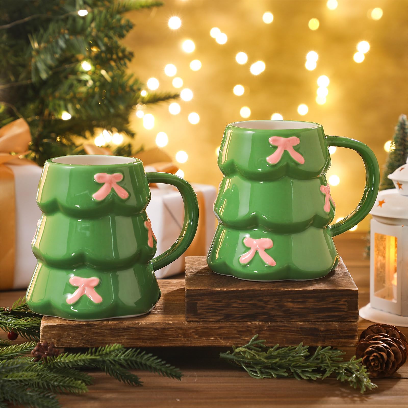 Didaey front view of two tree-shaped mugs showing festive design and gifting appeal