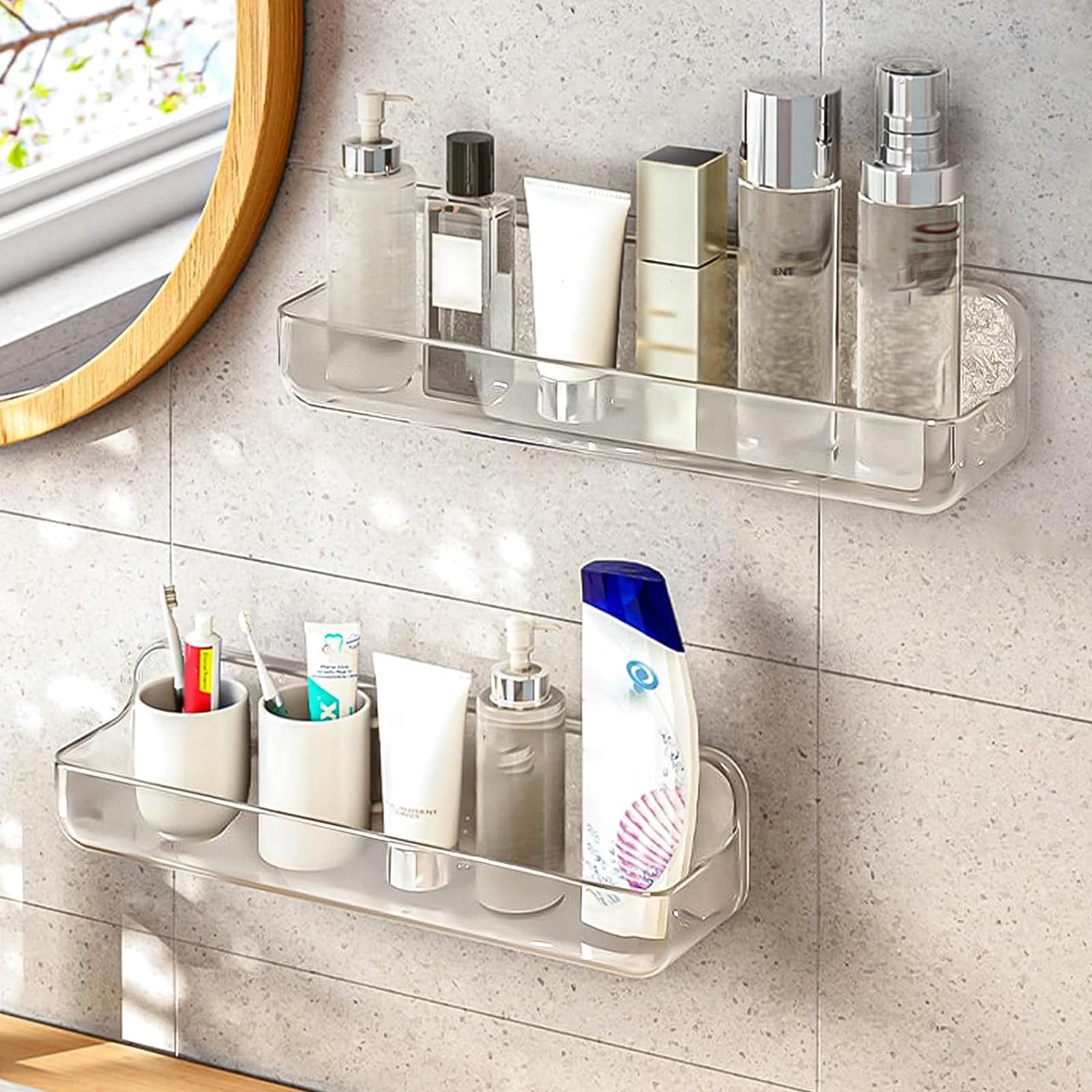 Diesisa clear acrylic shelf front view showing neat storage benefit