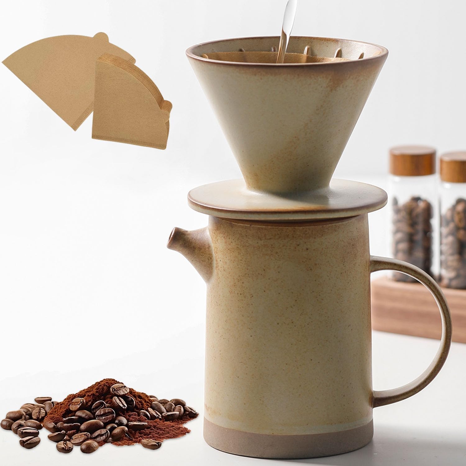 DIF DECO front view of yellow pour over set showing dripper and carafe, highlights elegant design and compact use
