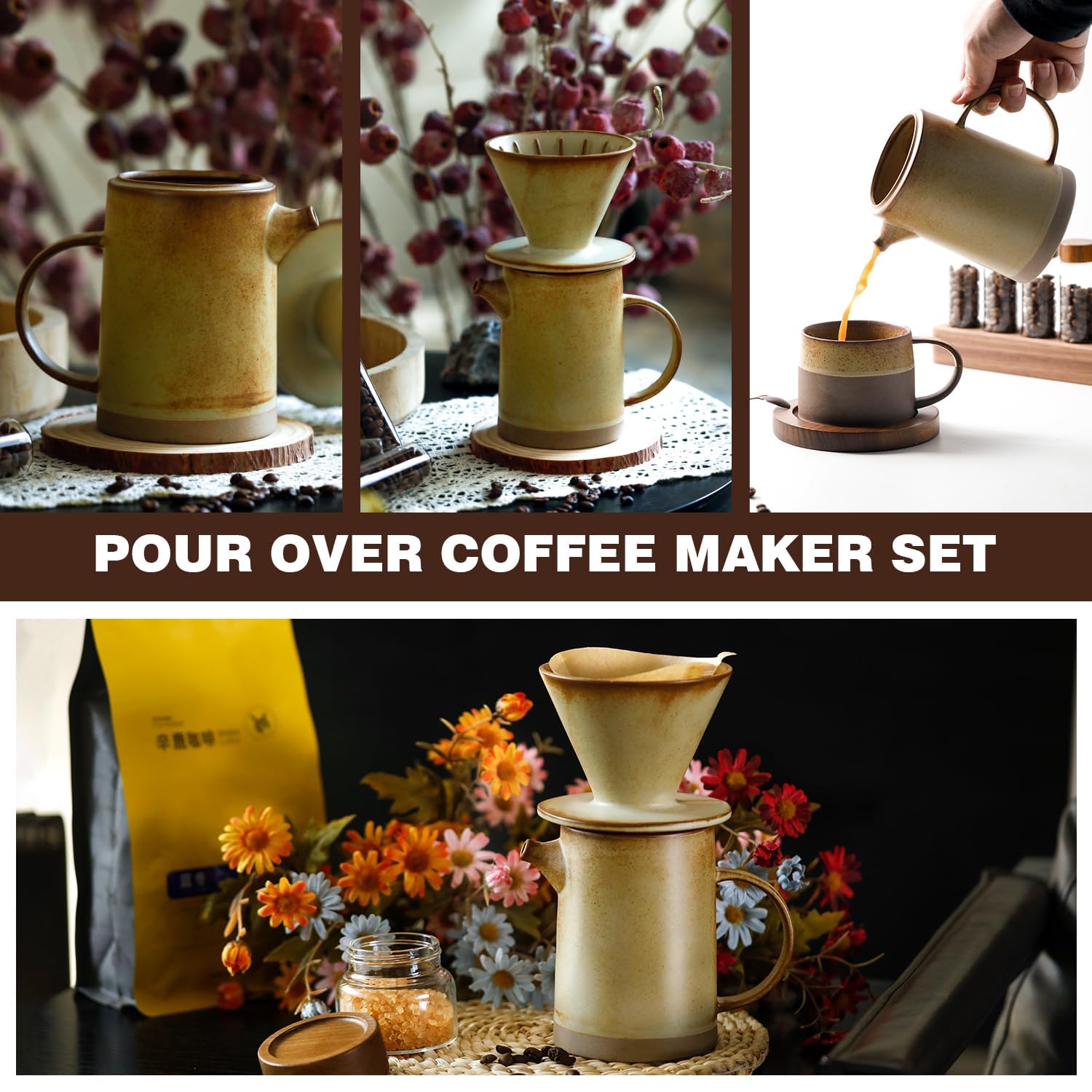 DIF DECO vintage yellow set on kitchen counter, presents stylish accent and easy at-home manual brewing