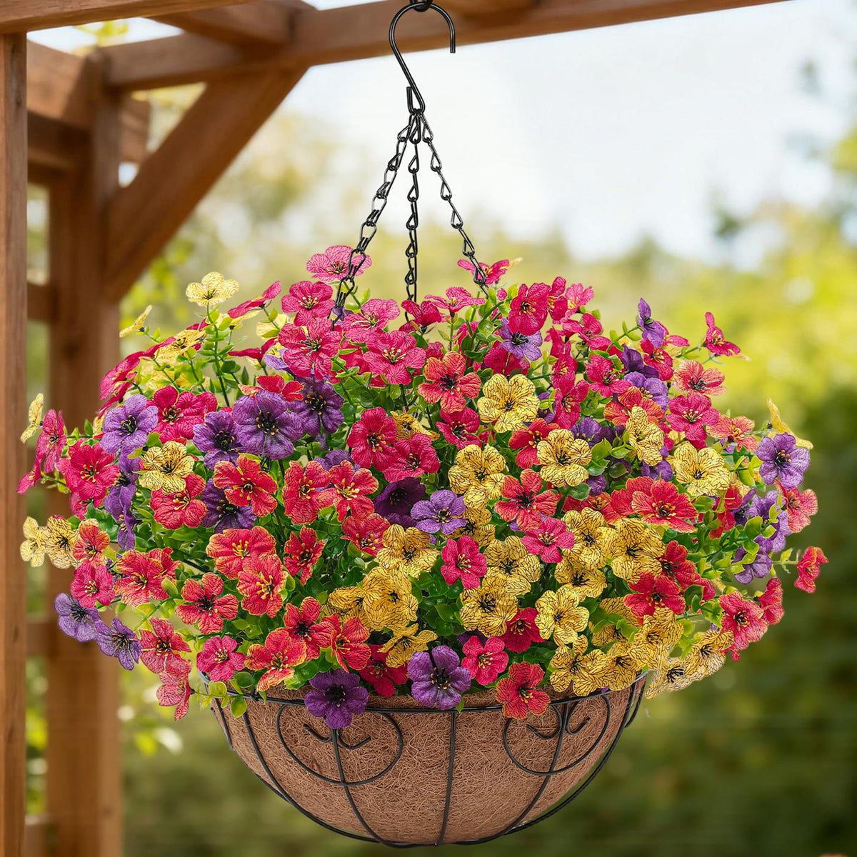 Digtecno front view of hanging basket shows lifelike blooms and curb appeal