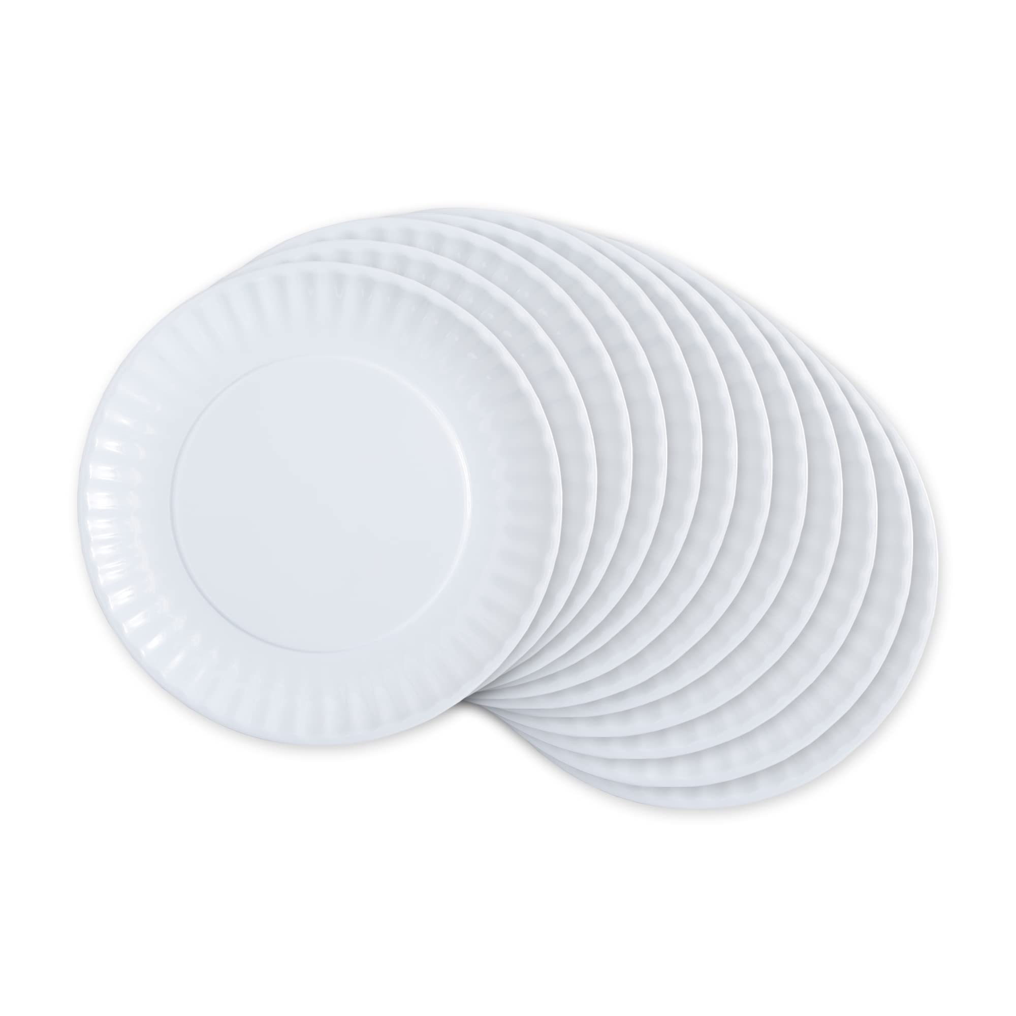 DII front view of 9 inch white melamine plates showing clean presentation and durability