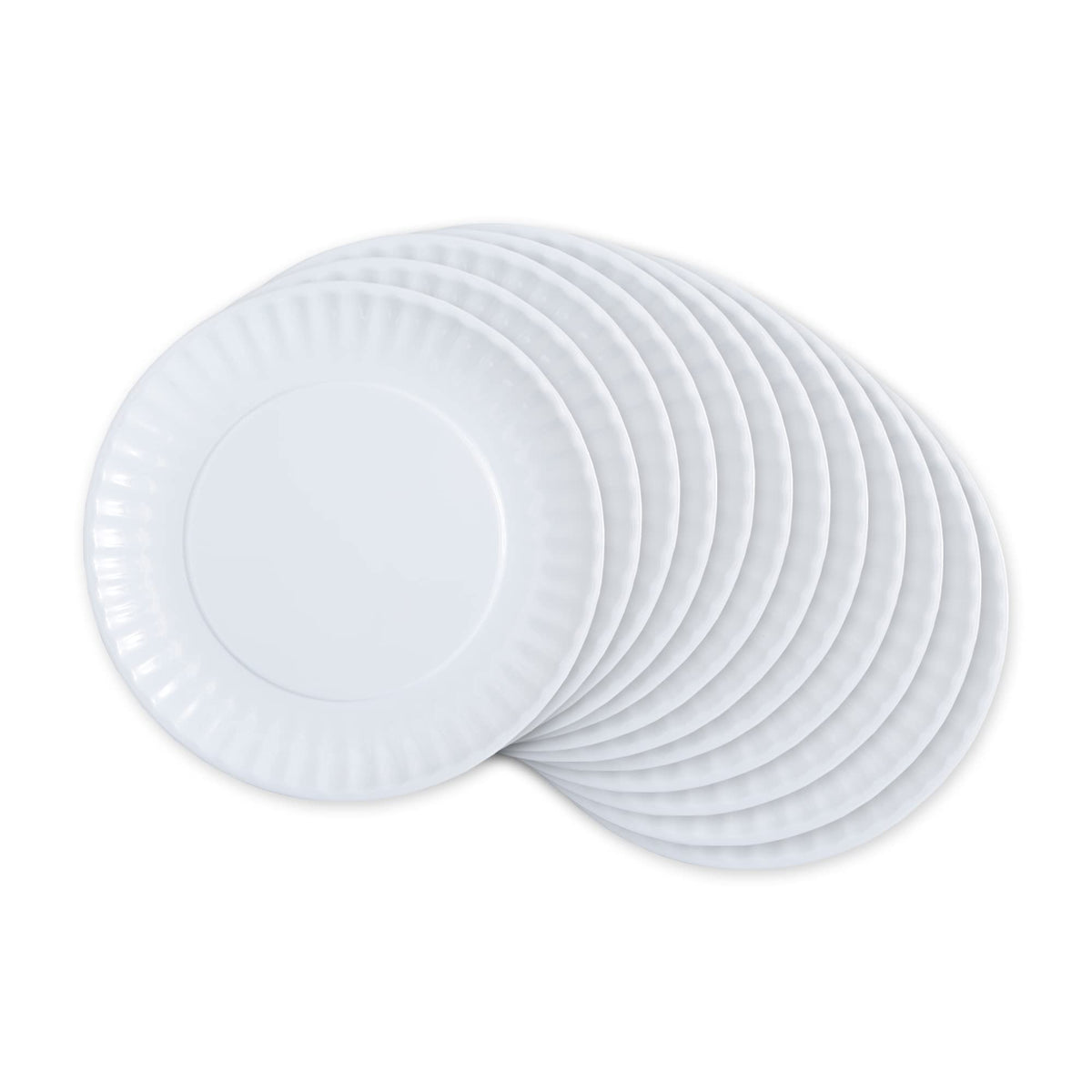 DII front view of 9 inch white melamine plates showing clean presentation and durability
