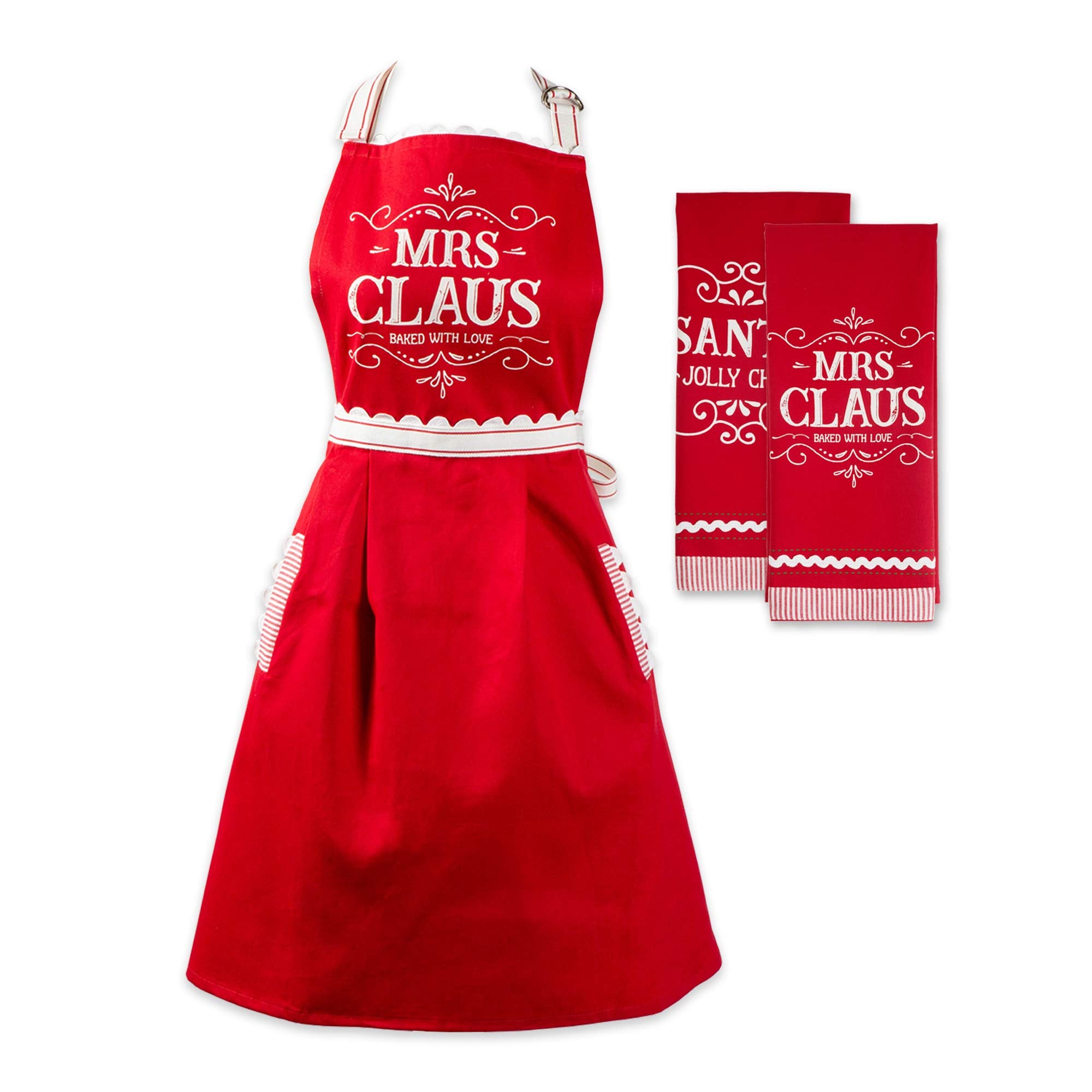 DII apron front view showing festive Mrs. Claus design and coverage for holiday cheer
