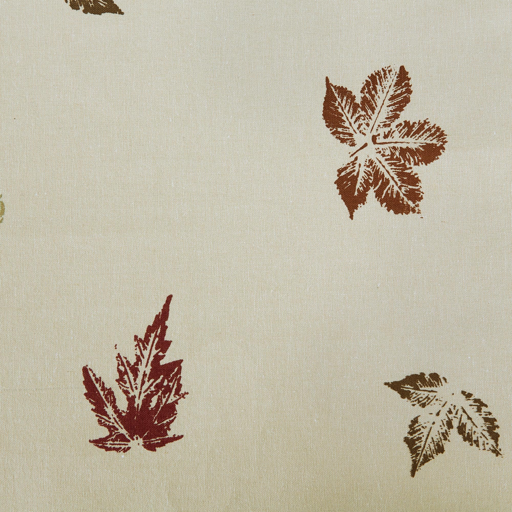 DII close-up of cotton print highlighting maple leaves and harvest wheat for visual warmth