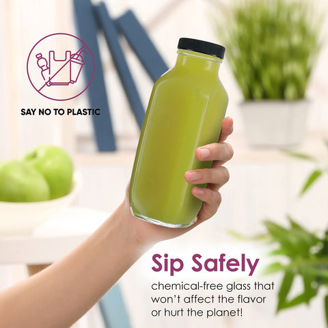 DilaBee bottle filled with green smoothie showing clear glass clarity and freshness