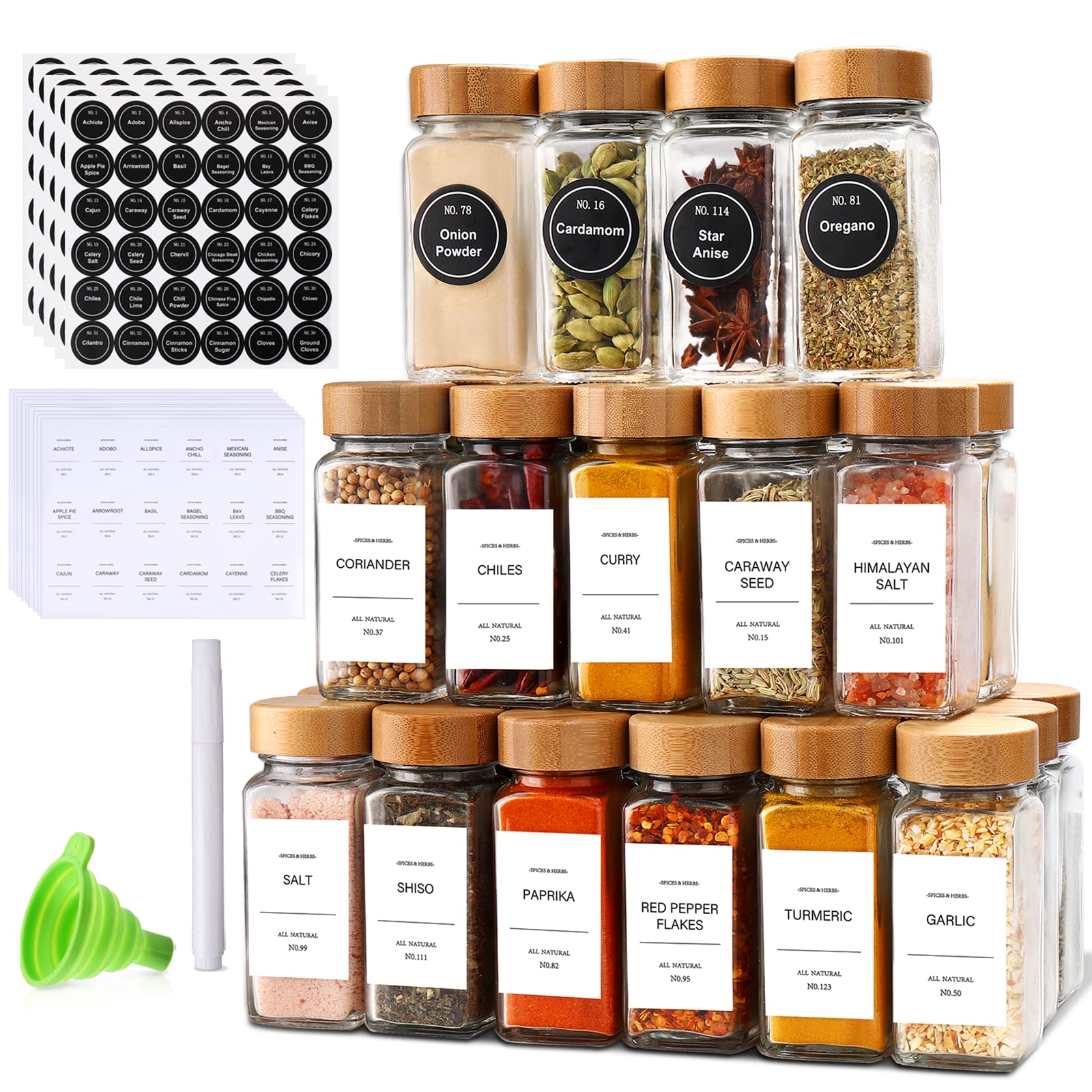 DIMBRAH front view of glass spice jars with bamboo lids showing neat storage benefit