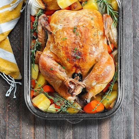 DIMESHY pan inside oven roasting a turkey, showing even heat