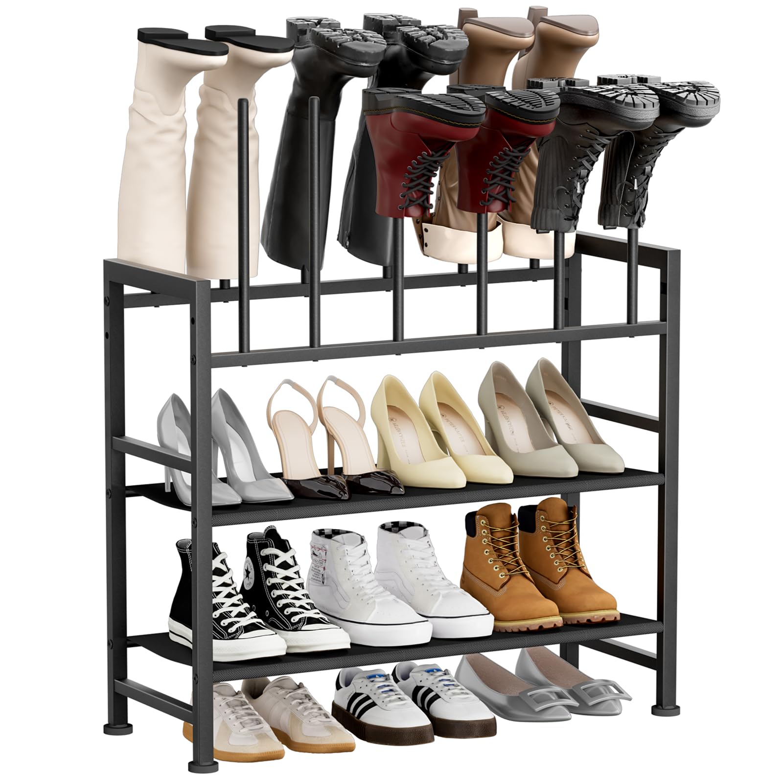 DIMJ front view of boot rack showing organized boots and shoes benefit: space-saving