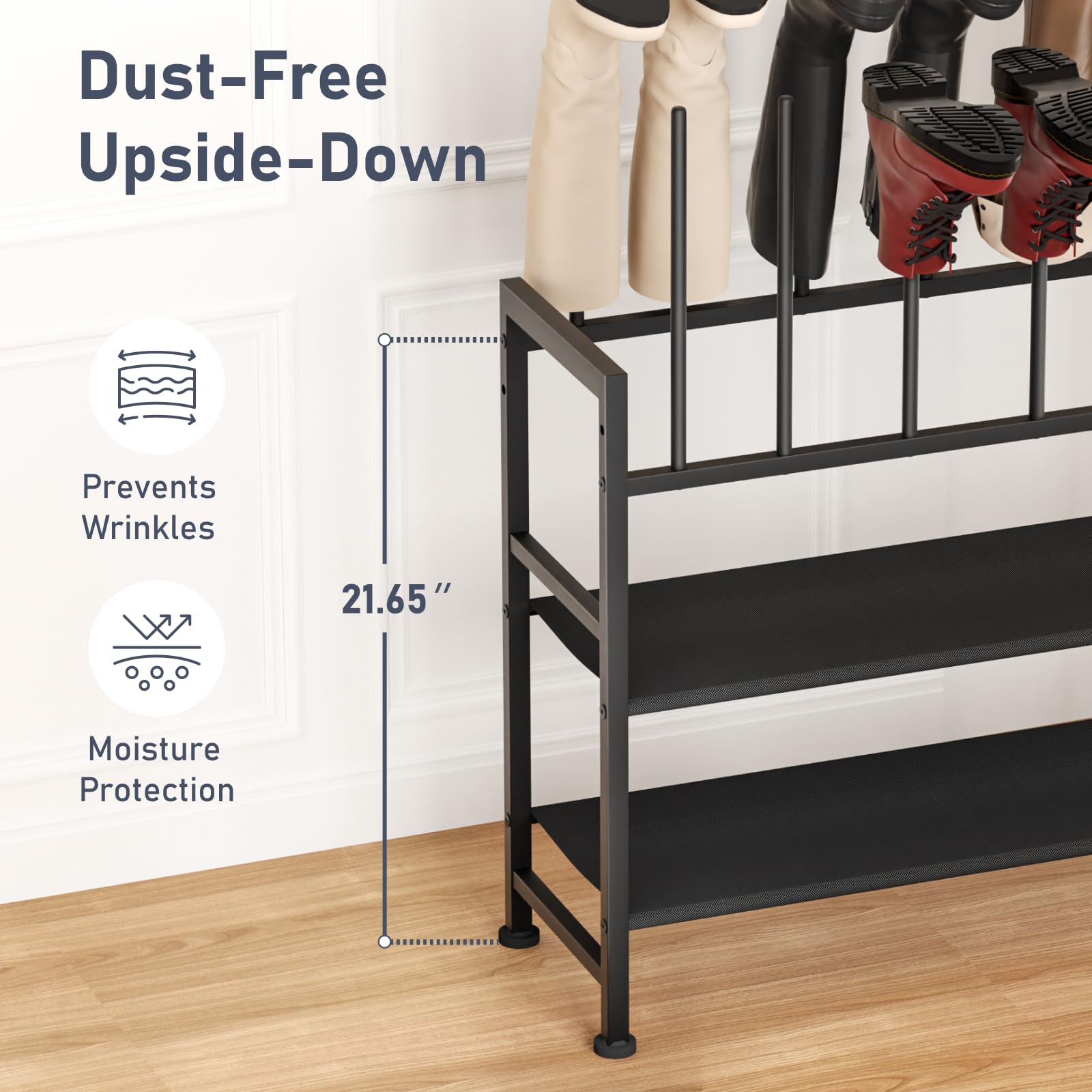 DIMJ middle shelves holding sneakers and heels for quick access and airflow benefit