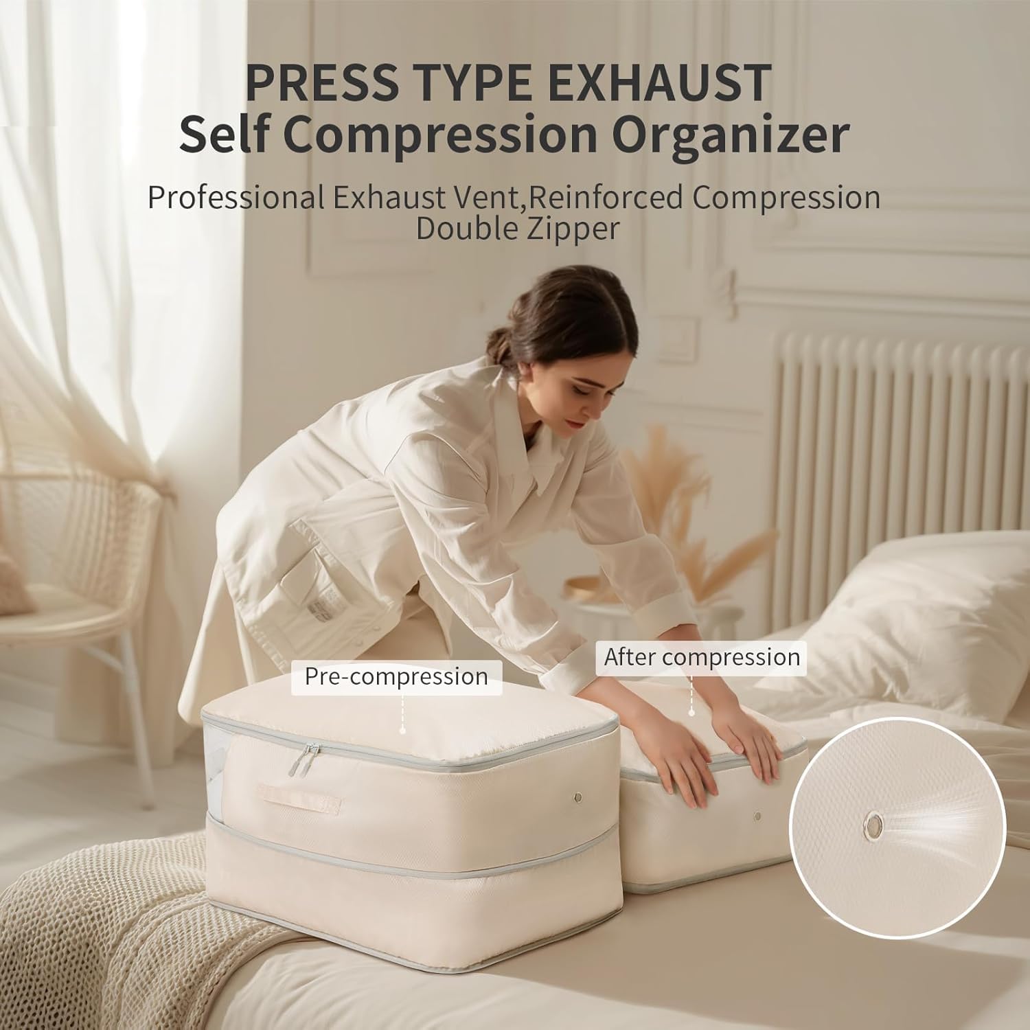 DIMJ side-by-side compressed and uncompressed comforter to show space savings benefit