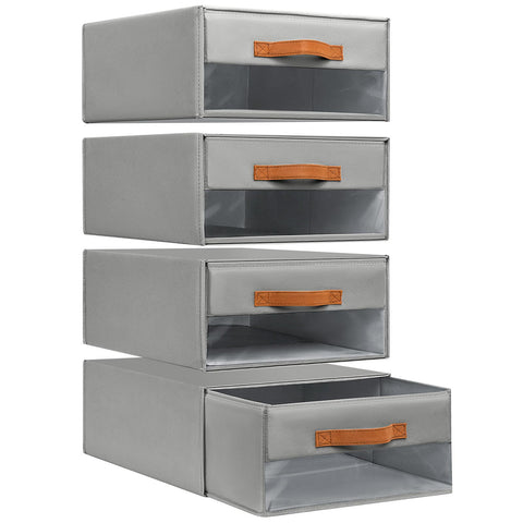 DIMJ front view showing four grey fabric drawers and clear windows for quick identification