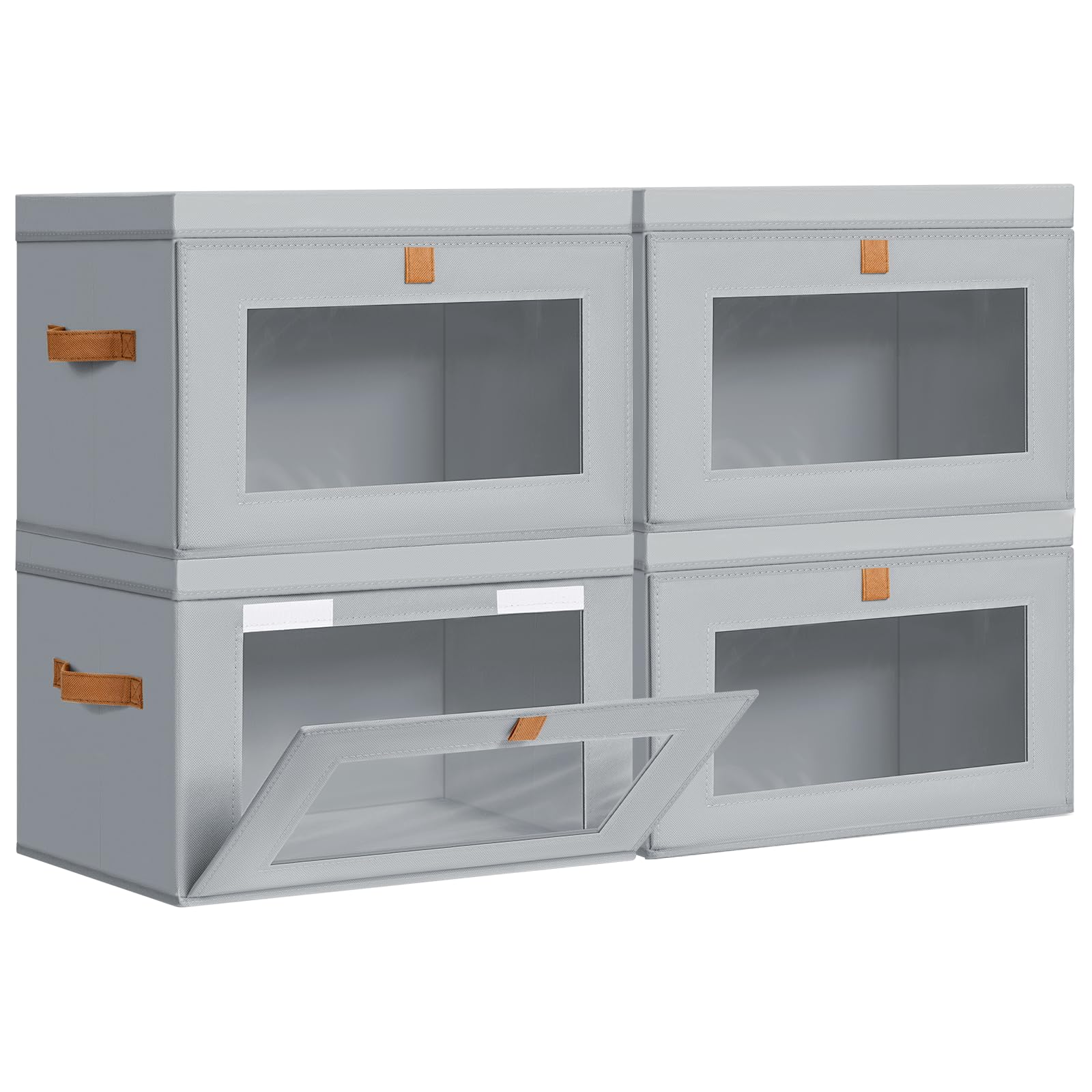 DIMJ front-facing 4-pack bins showing lids and neat storage benefit