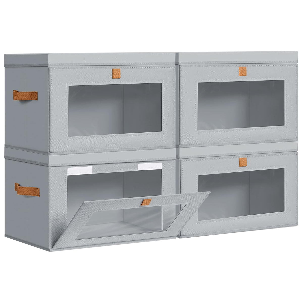 DIMJ front-facing 4-pack bins showing lids and neat storage benefit
