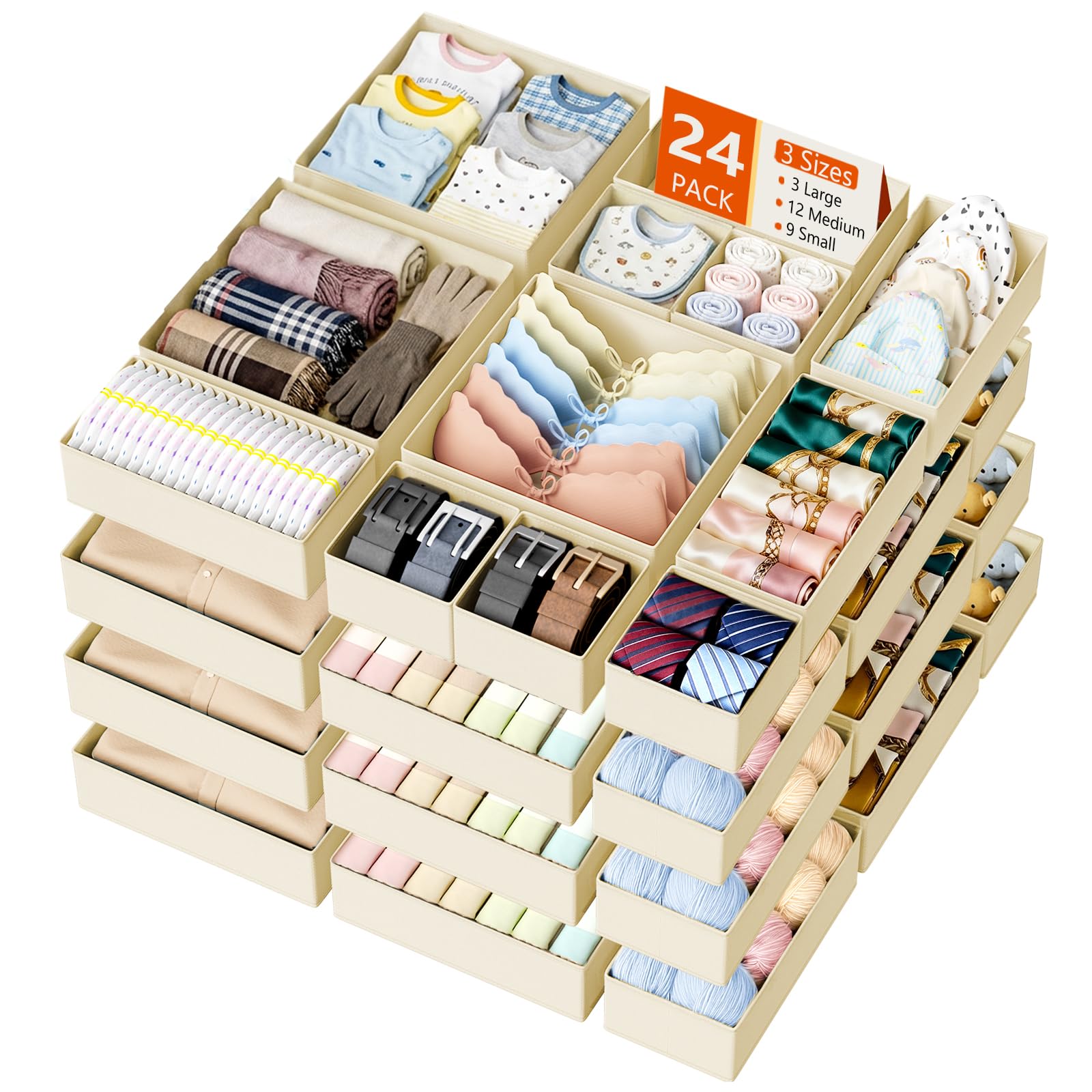 DIMJ front view of 24-piece organizer set showing contents and tidy benefit