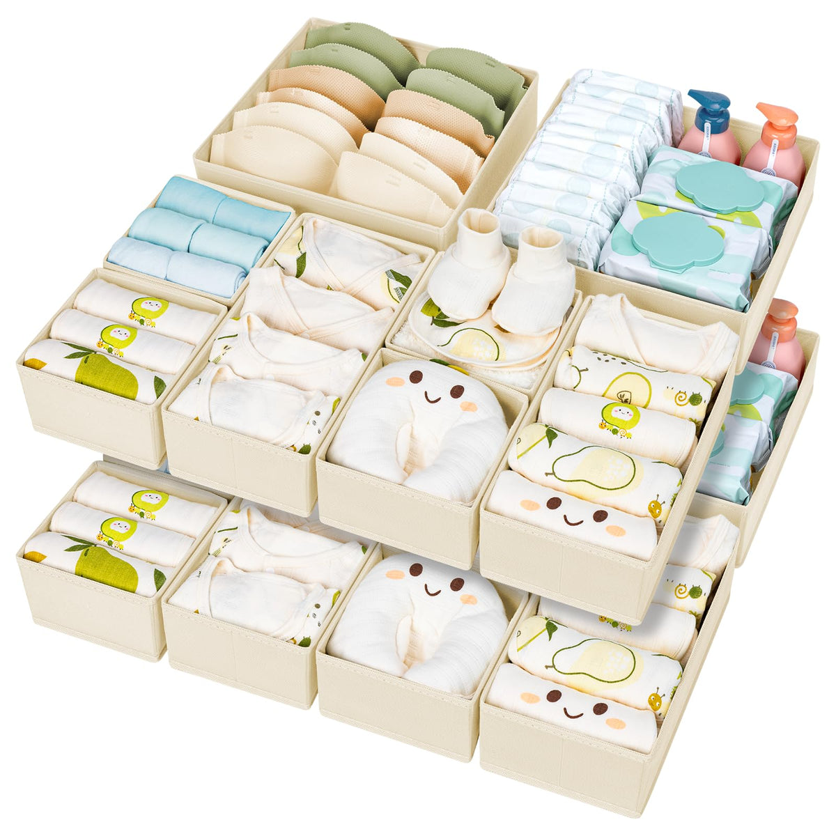 DIMJ front view of the 15-piece beige organizer set showing neat layout