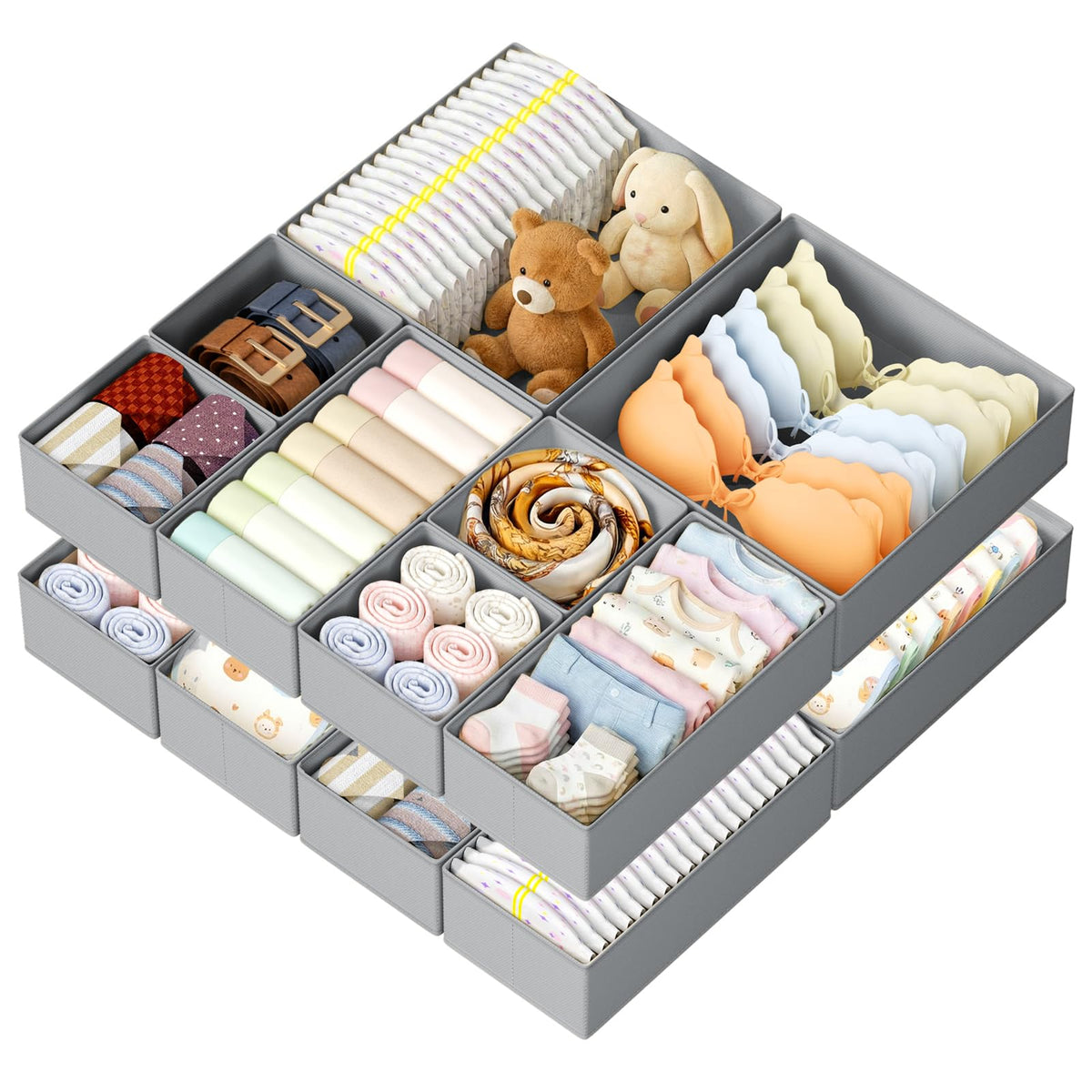 DIMJ front packaging showing the 12-pack grey organizers and storage benefit