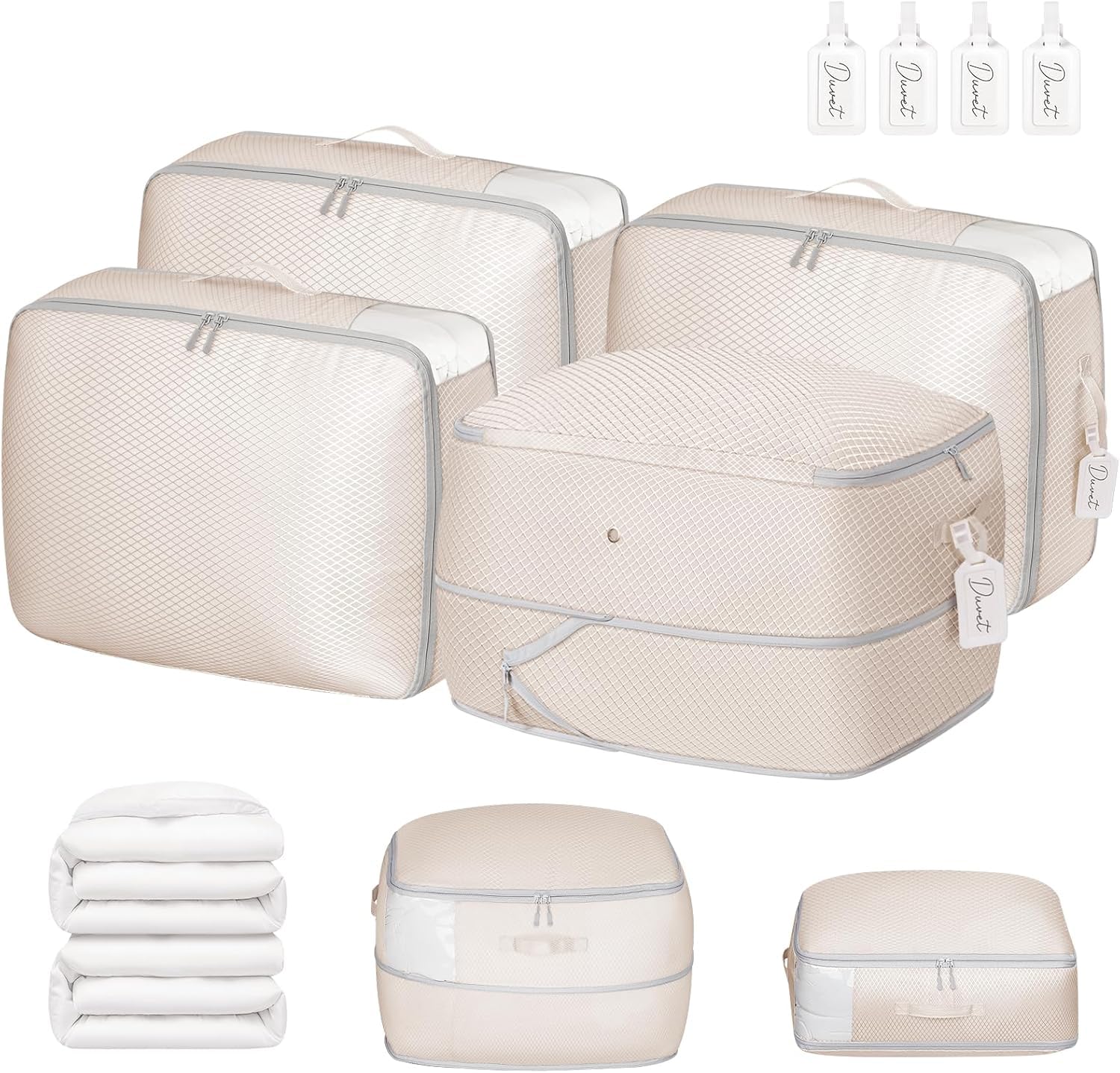 DIMJ front view of four-pack comforter storage bags showing compact design and zipper
