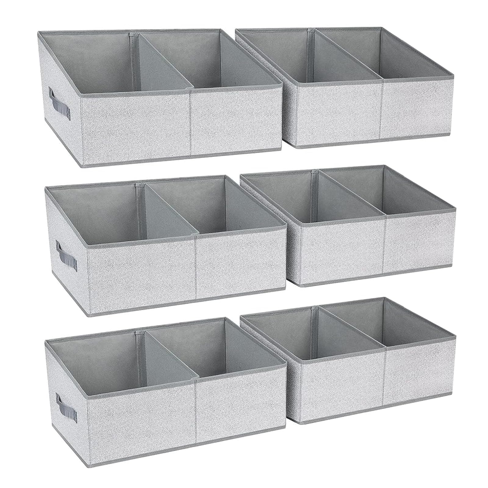 DIMJ front view of six grey trapezoid bins showing organized shelves and tidy look