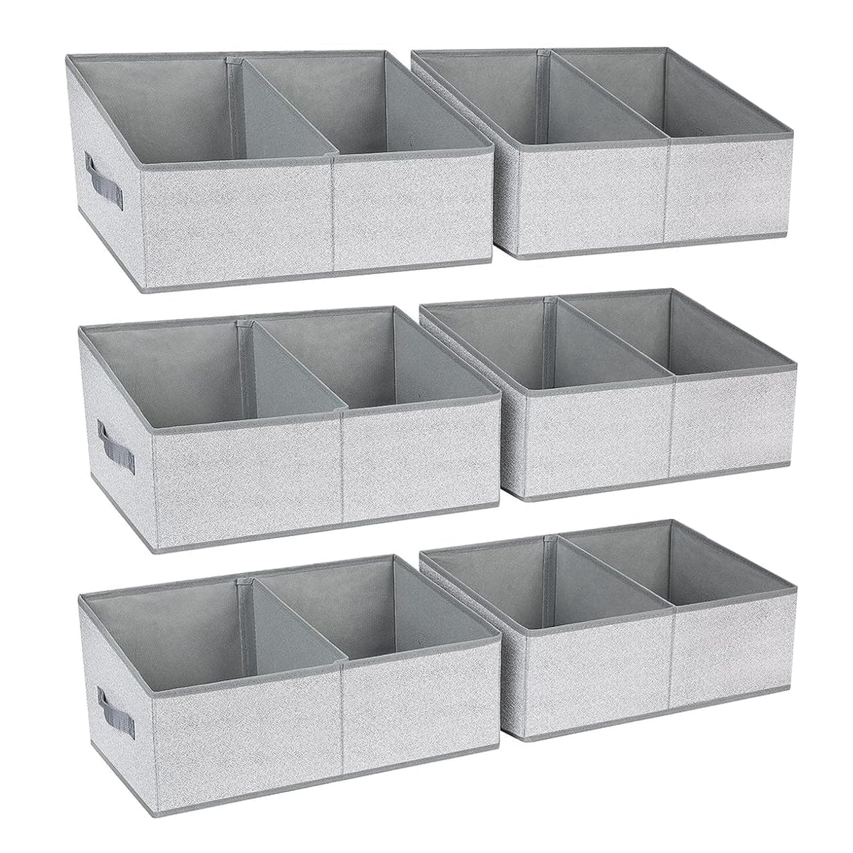 DIMJ front view of six grey trapezoid bins showing organized shelves and tidy look