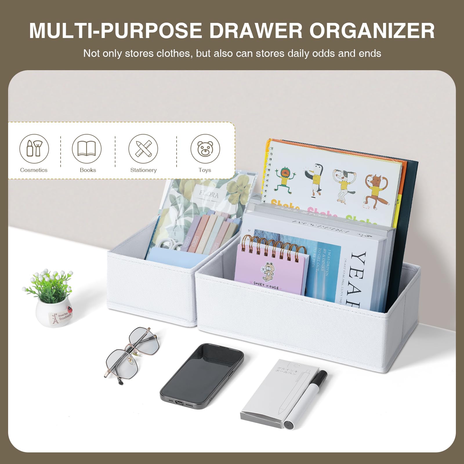 DIMJ bins arranged inside a dresser drawer demonstrating space-saving order