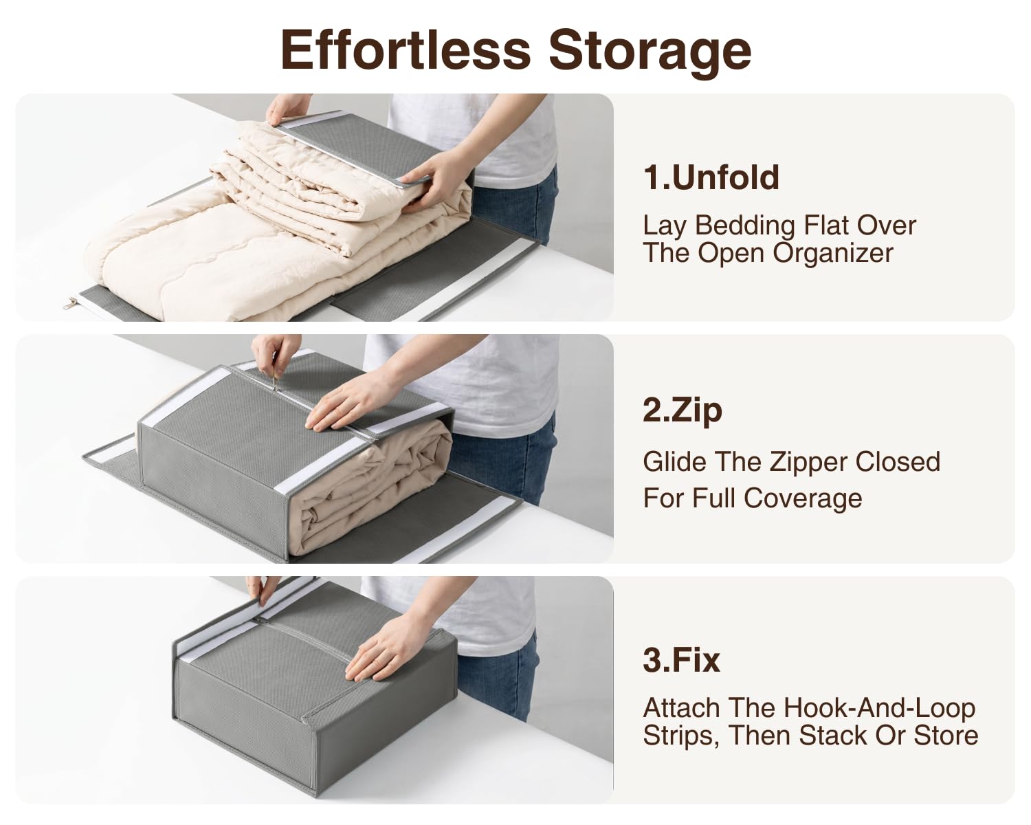 DIMJ organizer next to folded sheet set showing perfect fit benefit