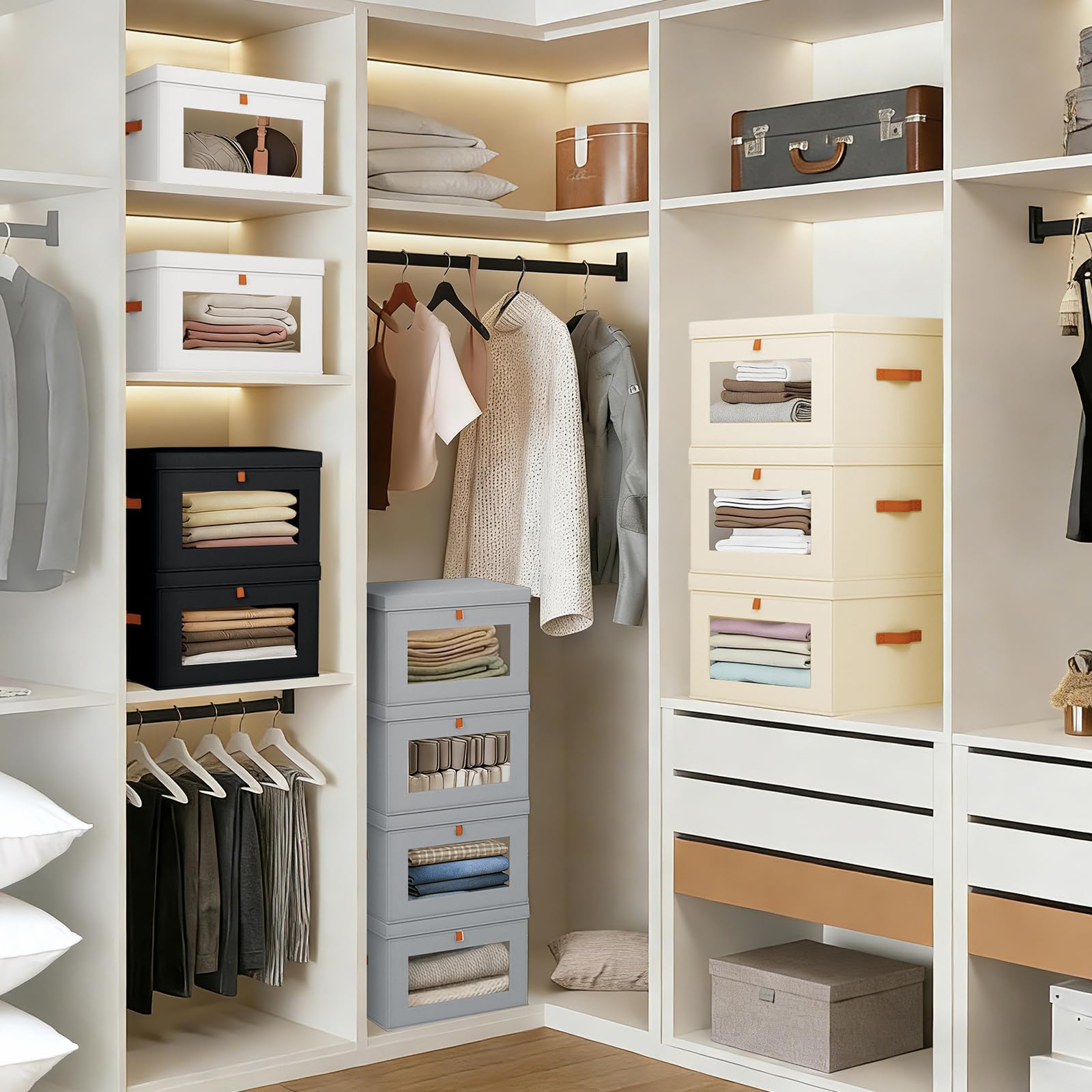 DIMJ stacked bins on shelf maximizing vertical storage efficiency