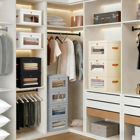 DIMJ stacked bins on shelf maximizing vertical storage efficiency