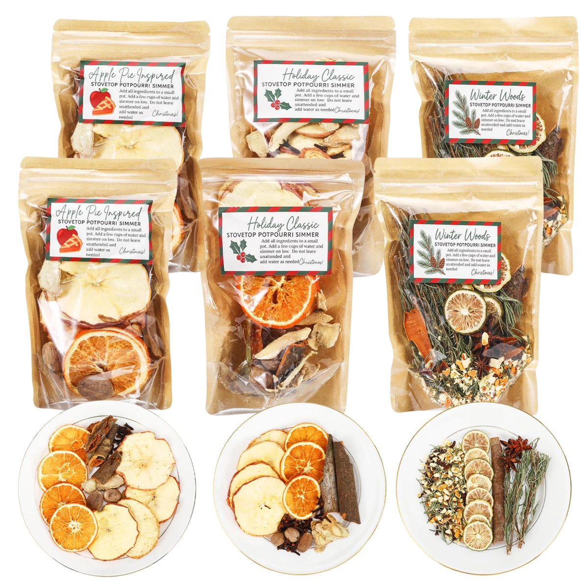 Dimsile front packaging showing six 80g Christmas simmer packs and variety benefit