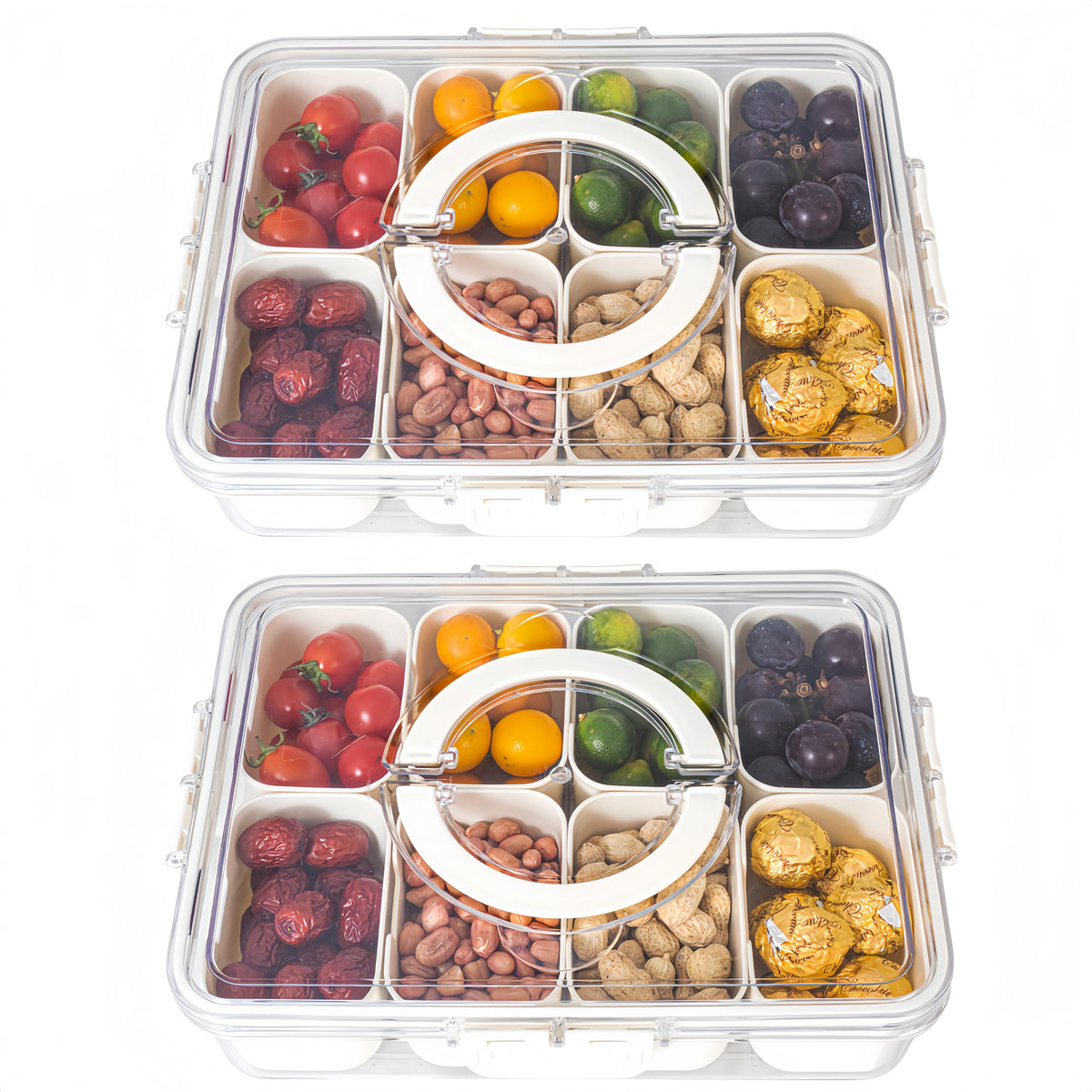Dingerjar clear snack tray front view showing organized compartments and visibility benefit