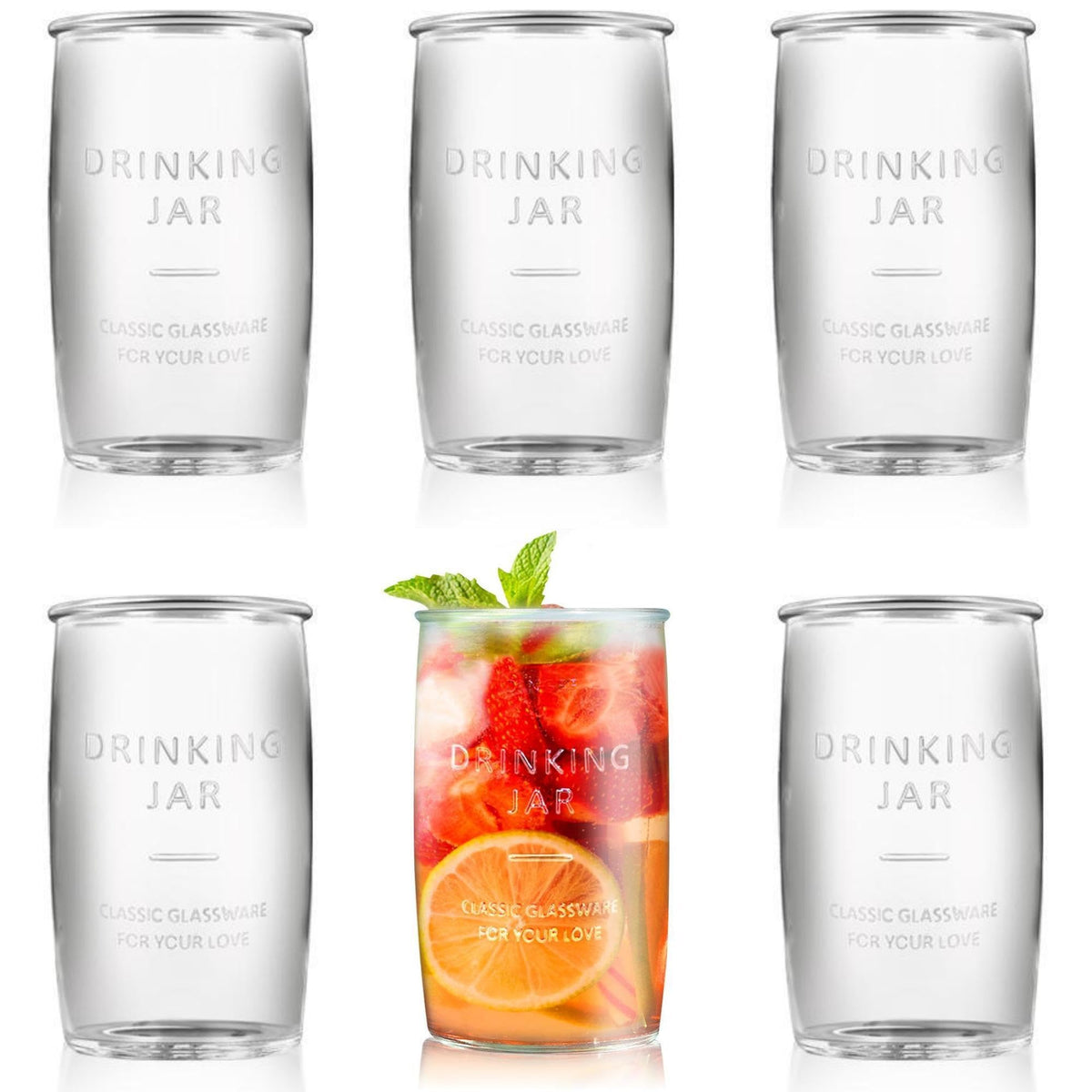 Dingerjar front packaging showing six tumblers and neat presentation benefit