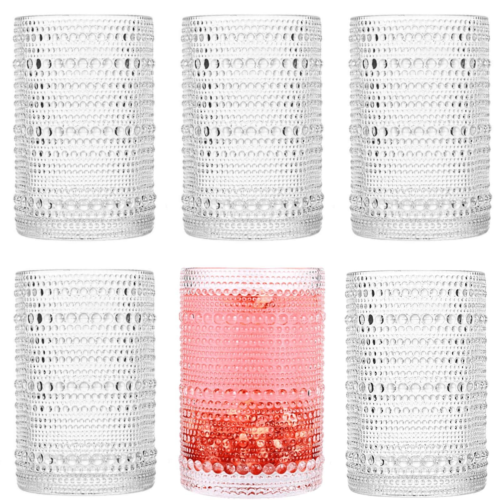 dingerjar front packaging showing six hobnail glasses, stylish presentation benefit