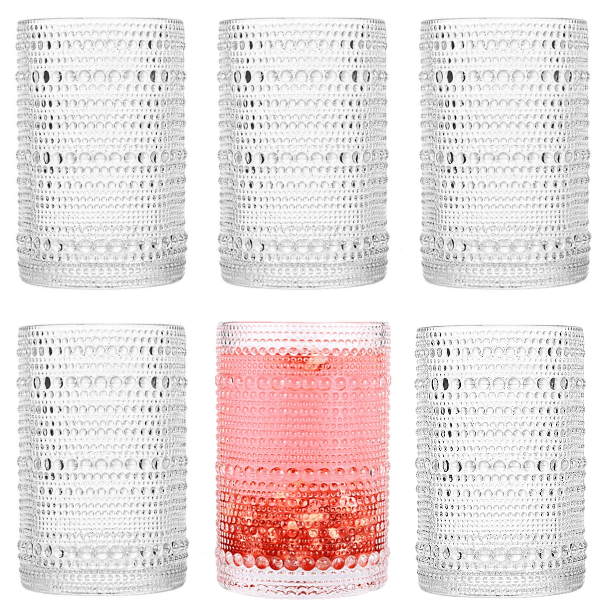 dingerjar front packaging showing six hobnail glasses, stylish presentation benefit