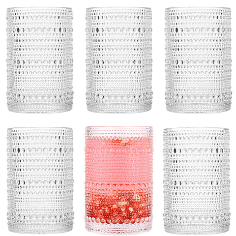 dingerjar front packaging showing six hobnail glasses, stylish presentation benefit