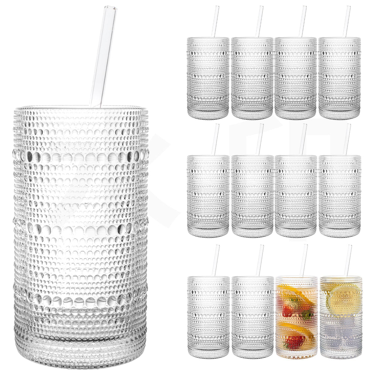 Dingerjar front packaging showing full 12-piece hobnail glass set and straws, elegant storage benefit