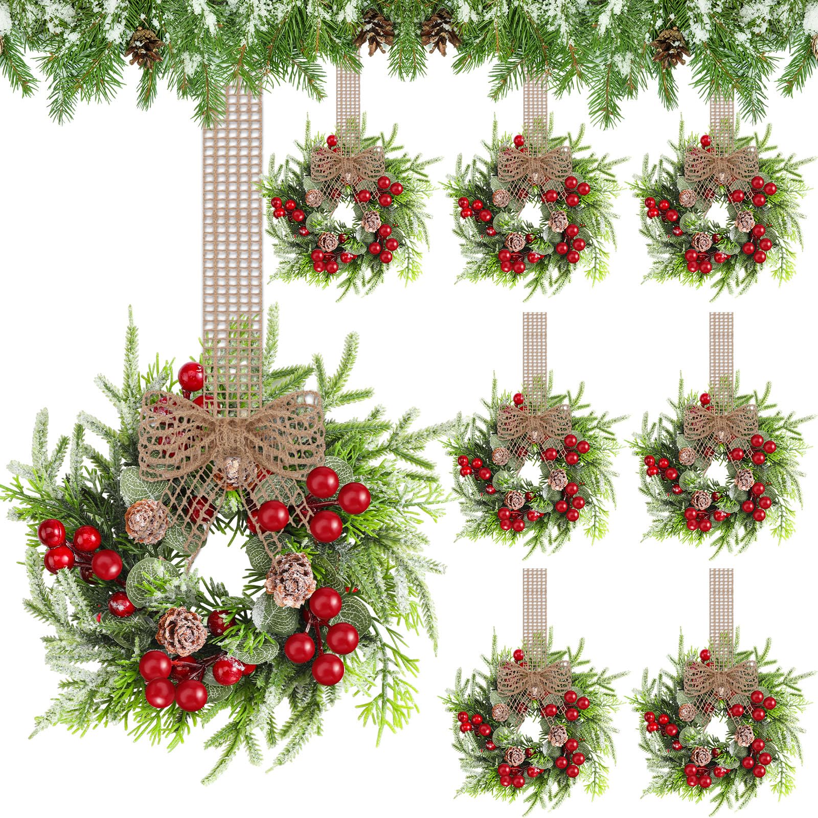 Dingion front view of the 8-piece wreath set showing coordinated mini wreaths for easy decorating