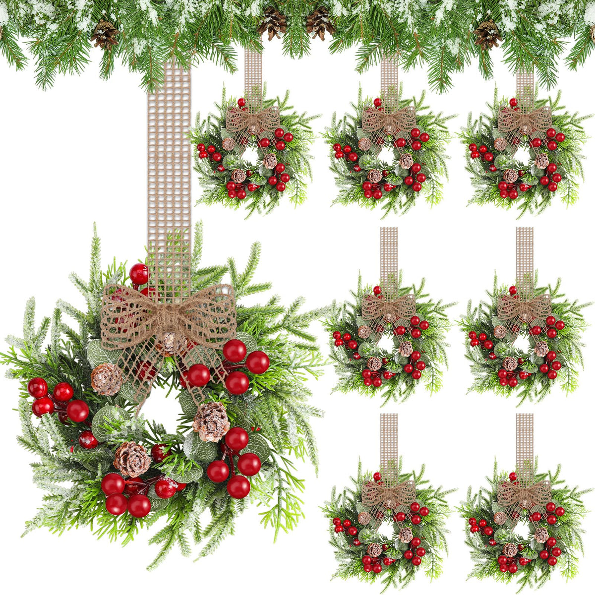 Dingion front view of the 8-piece wreath set showing coordinated mini wreaths for easy decorating