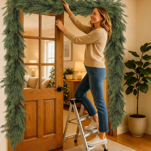 Dingion garland draped over mantel showcasing seasonal styling and warm atmosphere