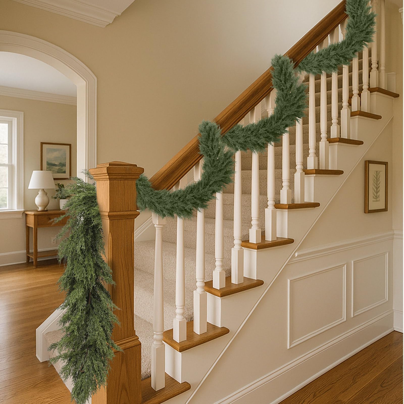 Dingion garland wrapped around staircase railing showing secure, neat installation