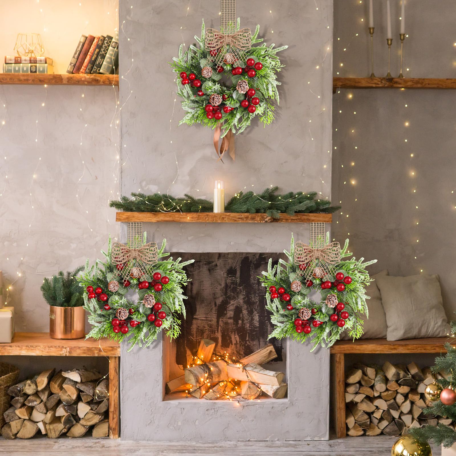 Dingion wreaths arranged on a kitchen shelf to show cohesive holiday styling across spaces