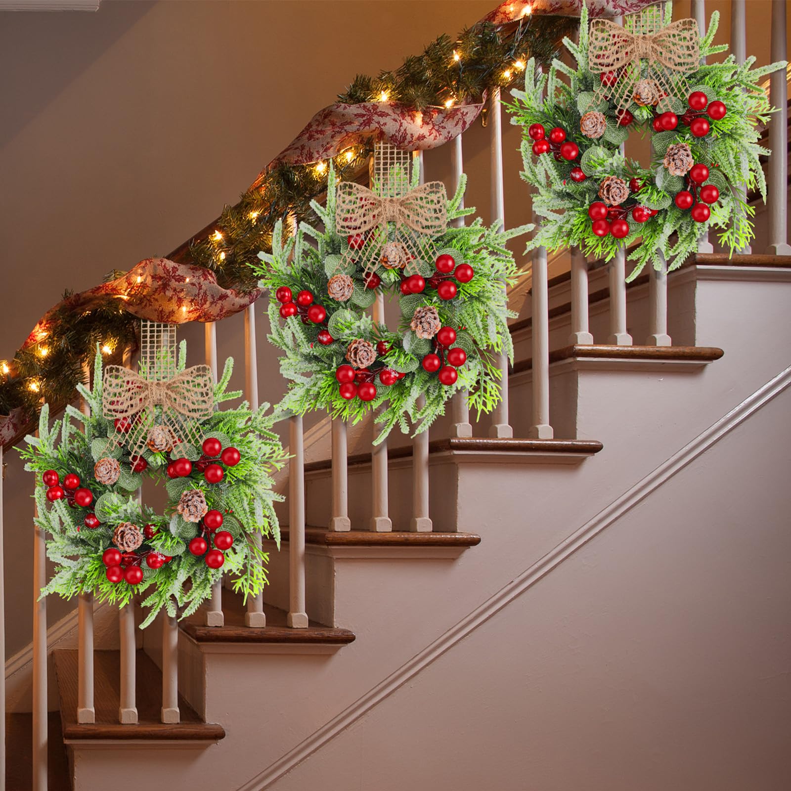 Dingion small wreath hung on a cabinet door demonstrating compact festive impact in kitchens